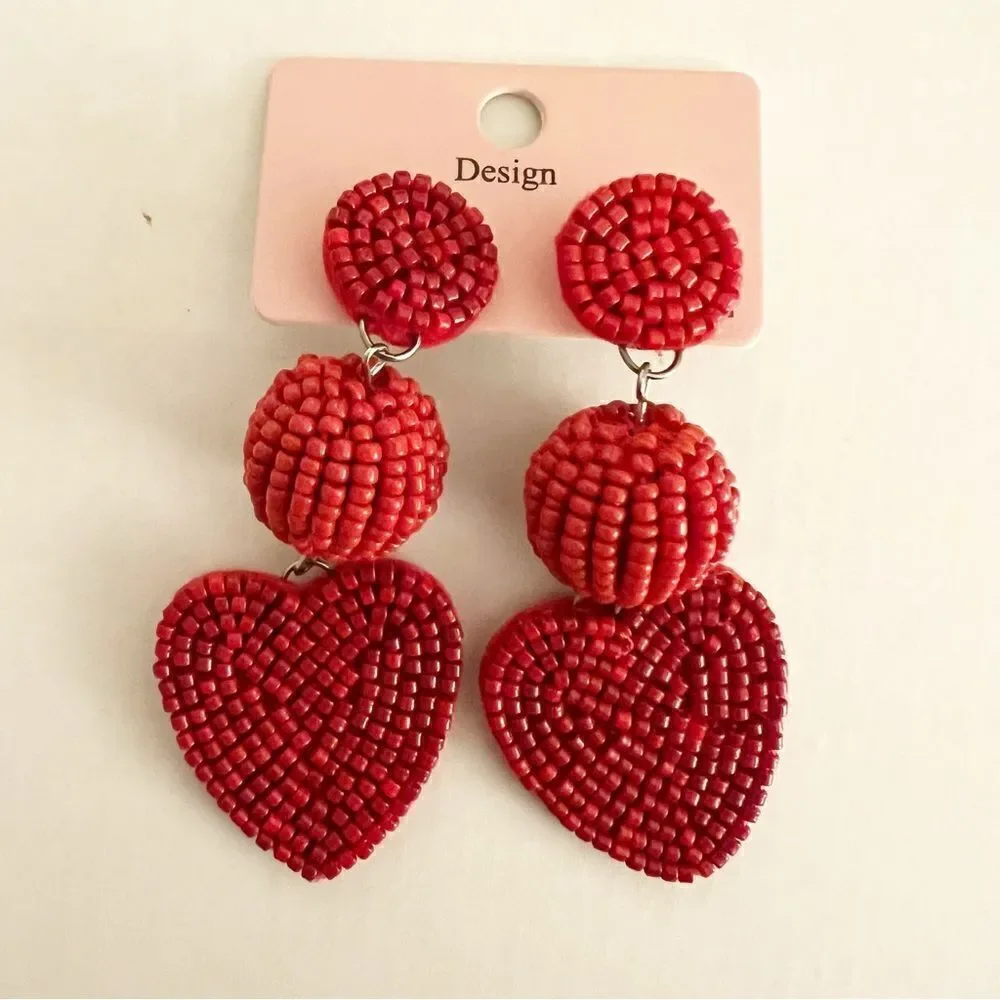 Bohemian Beaded Heart Dangle Earrings, Red